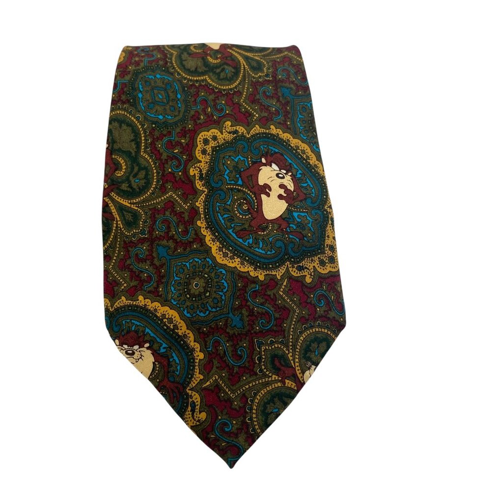 Vintage Looney‎ Tunes Mania Silk Nostalgia Taz Medal Necktie Tie Mens 57" Green